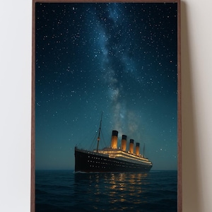 Titanic Under Starry Skies Digital Art Print, Night Ocean Scene, Nautical Wall Decor, Historic Ship Digital Download