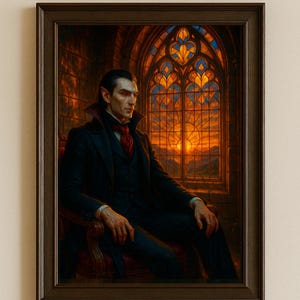 Vampier kunst aan de muur gotisch portret | Dracula-vampier zittend in kasteelstoel | Dark Academia-decor | Vampierkunstafdruk | Halloween-muurkunst
