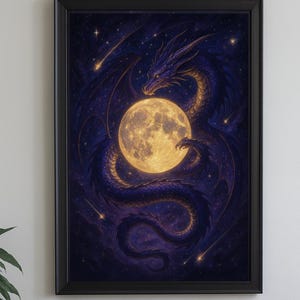 天空のドラゴンムーンアートプリント、神秘的な夜空のファンタジー装飾、月のドラゴンポスター、銀河のドラゴンの絵画、月の魔法の印刷可能なアート