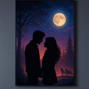 Twilight Inspired Moonlit Romance Print | Digital Download | Forest Love Silhouette with Wolves | Bella & Edward Aesthetic Wall Art