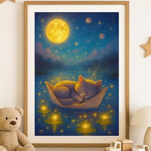 Dreamy Sleeping Kitten Art Print | Moonlight Cat in Paper Boat | Whimsical Night Sky Nursery Decor | Digital Download Wall Art