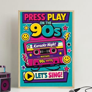 90s Karaoke Night Poster: Retro Throwback Music Cassette Tape Karaoke Party Sign (Digital Download)