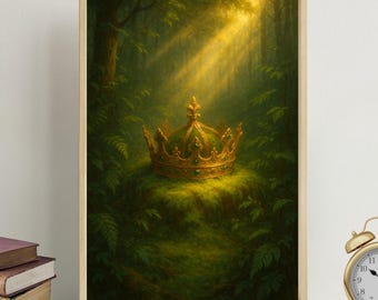 Zauberhafte Königskrone im Wald Wandbild: Fantasy Mittelalter Königskrone Kunstdruck (Digitaler Download)