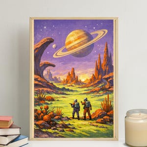 May include: A framed print of a retro sci-fi scene. Two figures in space suits stand in a green field, looking towards a planet with rings. The sky is purple with stars, and the foreground features orange rock formations and alien plants.