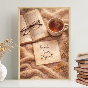 読書とお茶、コーヒーを楽しむためのウォールアート（印刷可能）（デジタルダウンロード）