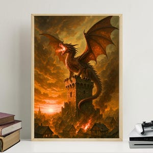 Arte de parede com dragão de fogo na torre do castelo: decoração de criatura épica de fantasia medieval (download digital)