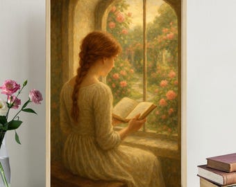 Woman Reading at Window of Rose Garden: Vintage Book Lover Wall Art (Digital Download)