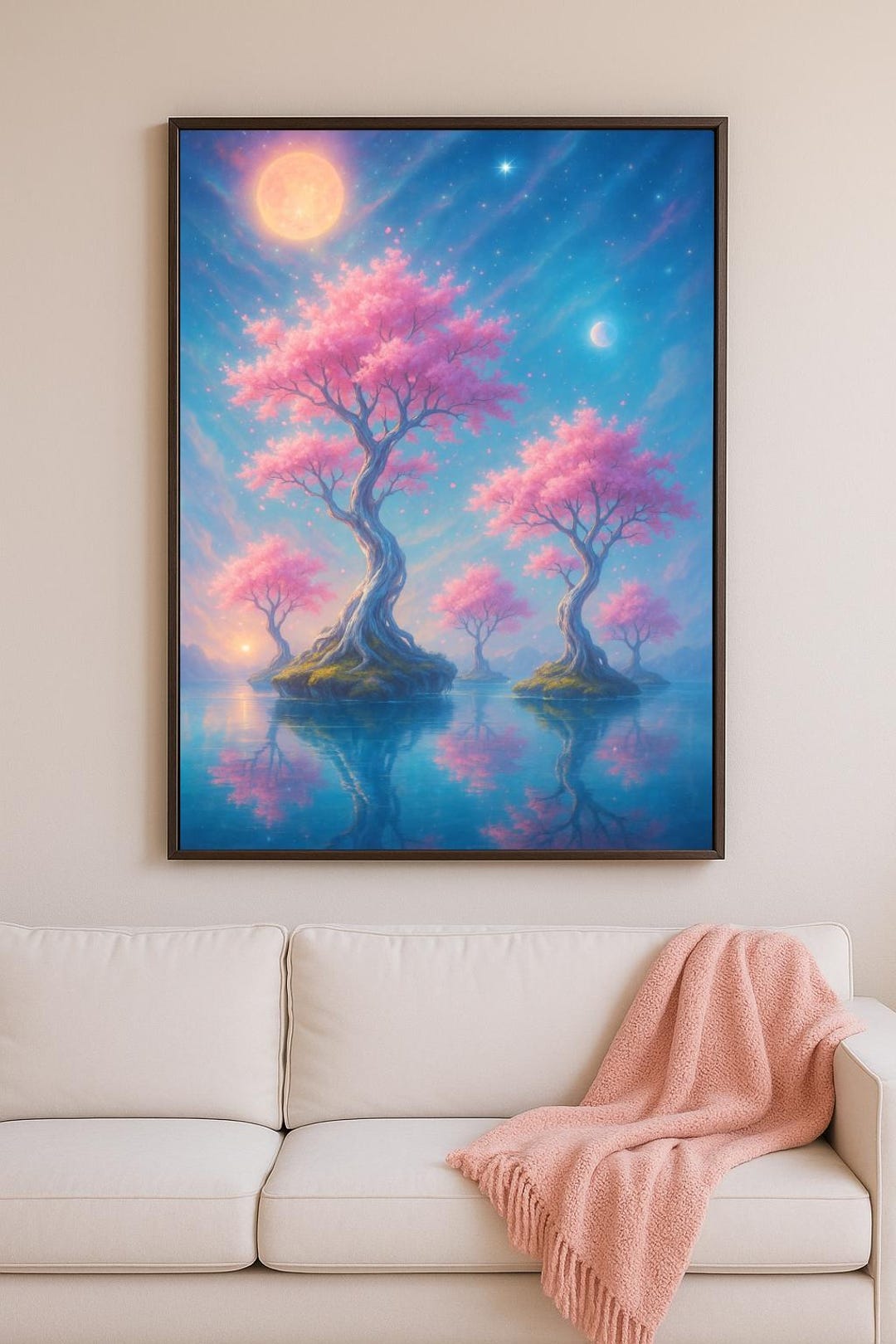 Celestial Cherry Blossom Tree Art Print | Fantasy Pink Trees Under Moon ...