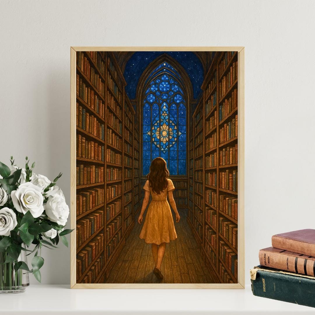 Girl in Magical Library Wall Art: Book Lover Reading Room Decor ...