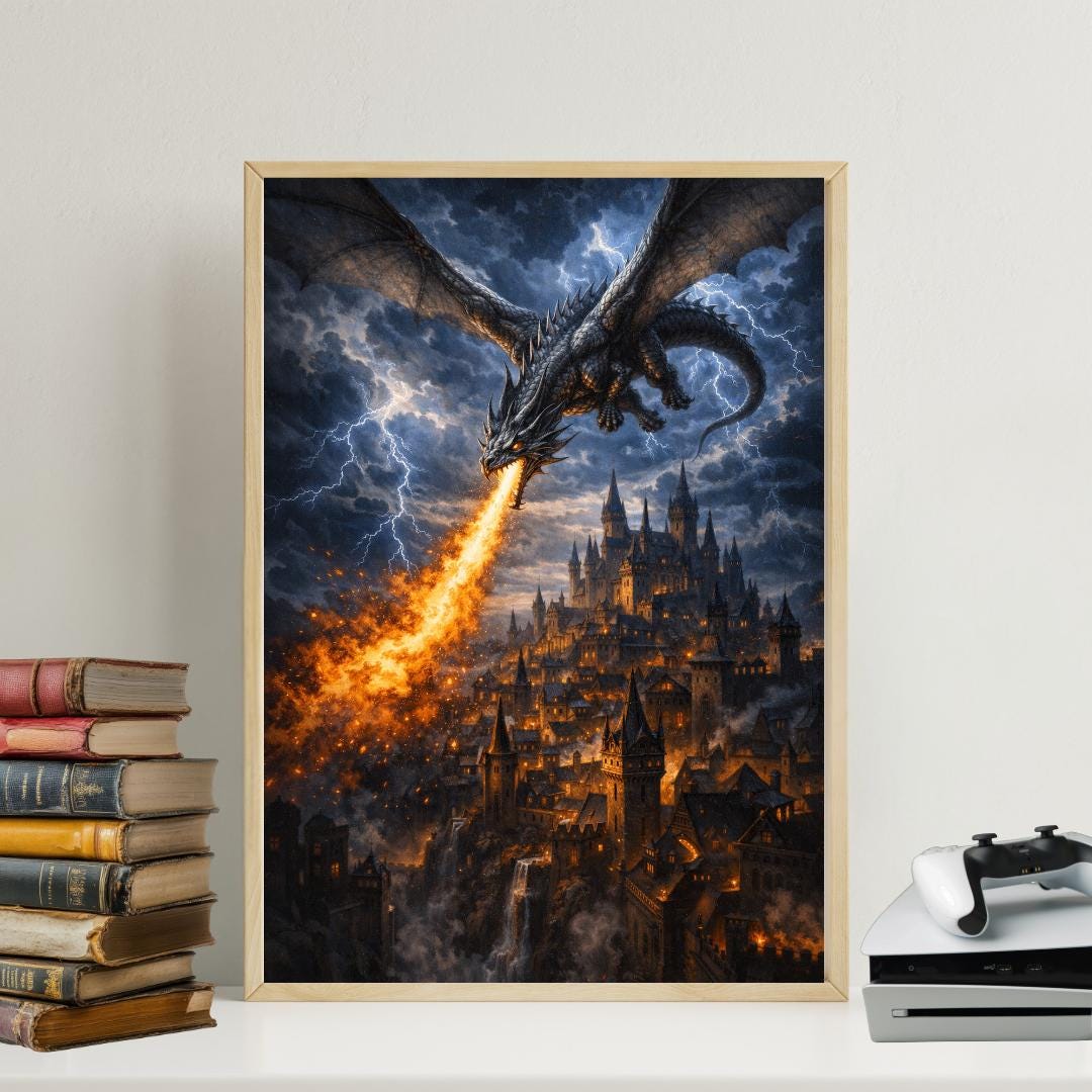 Fire Breathing Dragon Over Medieval Village: Dark Fantasy Dragon Art ...