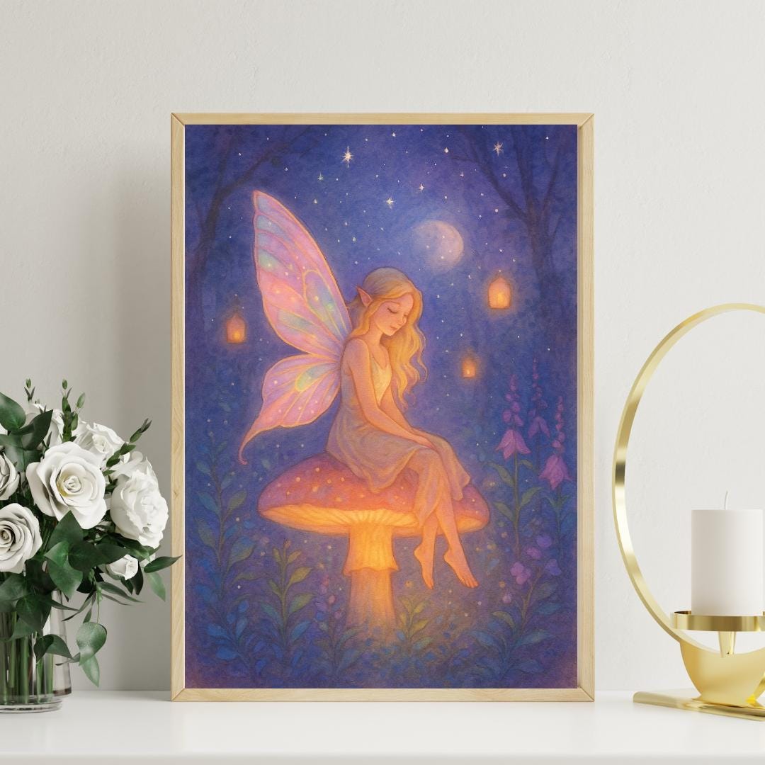 Moonlit Fairy on Mushroom: Fantasy Wall Art Print (digital Download) - Etsy