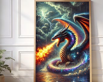 Fantasy Dragon Wall Art Print: Cosmic Fire Dragon Mythical Creature Decor (Digital Download)