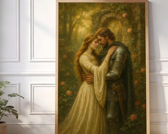 Quadro medievale con cavaliere e fanciulla: romantica stampa di amanti rinascimentali (download digitale)