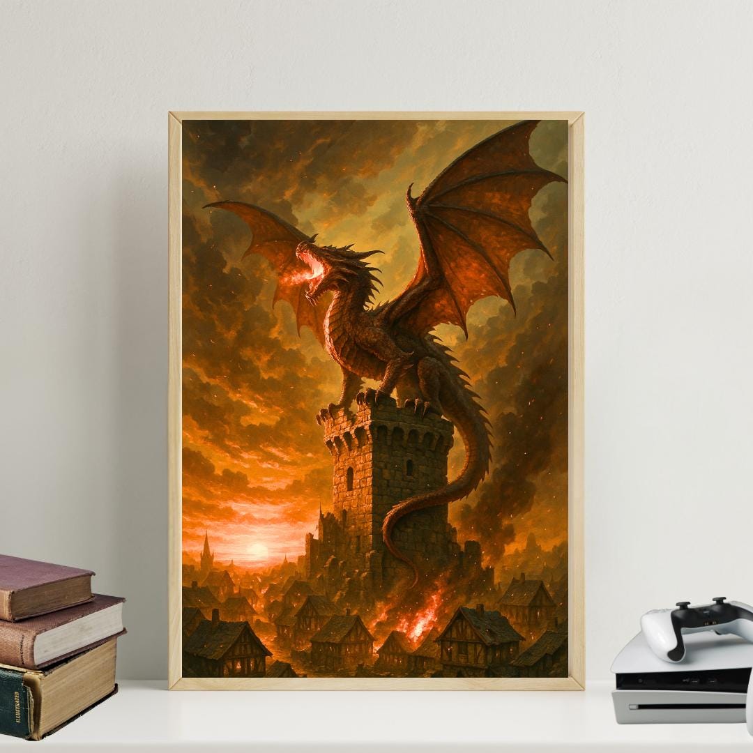 Fire Dragon on Castle Tower Wall Art: Epic Medieval Fantasy Creature ...