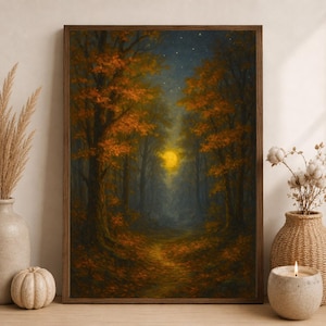 May include: A rectangular framed wall art print depicting a forest path during autumn at night. The scene features tall trees with orange and brown foliage, a glowing yellow full moon in the center, and a dark blue starry sky above the path.