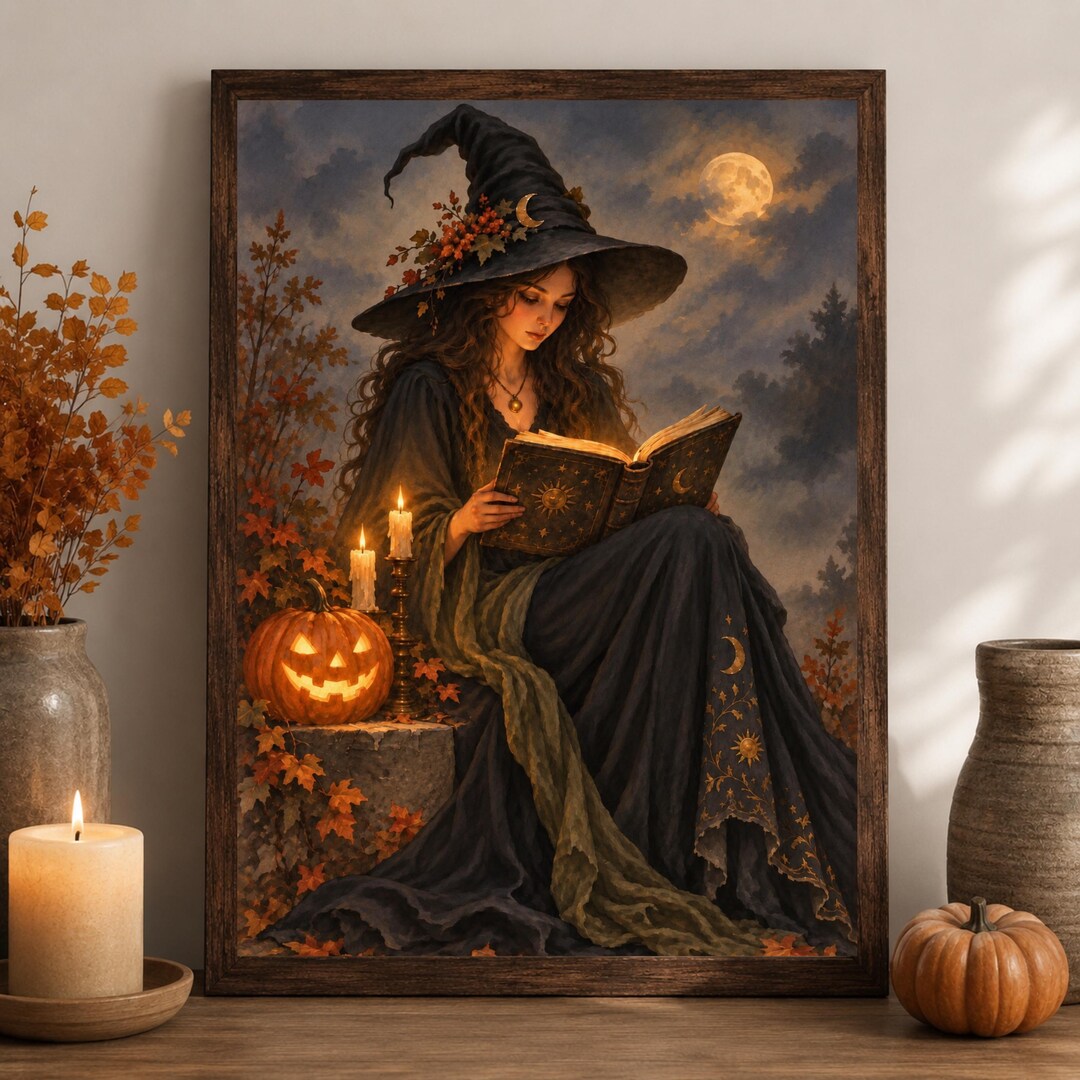 Witch Reading Halloween Wall Art: Dark Academia Gothic Autumn Fantasy ...