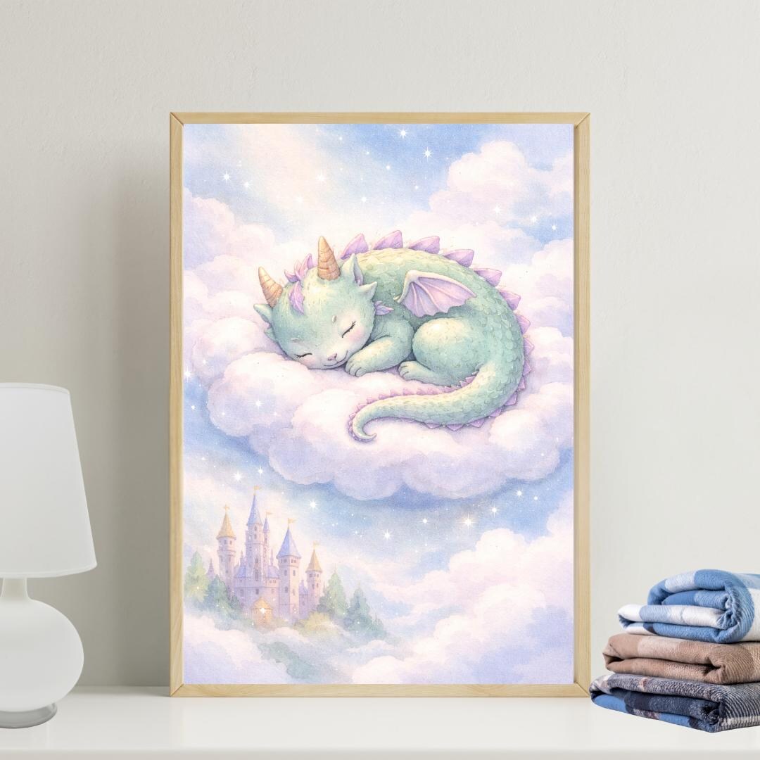 Sleeping Baby Dragon Nursery Wall Art: Medieval Fantasy Cloud and ...