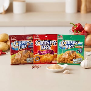 May include: Three rectangular pouches of Ajinomoto Crispy Fry breading mix in Original, Spicy, and Garlic flavors. Each pouch features a graphic of fried chicken, the brand logo, and the text Tastier than ever. A small white bowl contains breading.