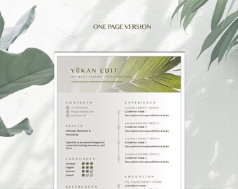 Könnte beinhalten: Eine einseitige Lebenslaufvorlage mit einem grünen Palmenblatt-Design. Die Vorlage enthält Abschnitte für Kontakte, Fähigkeiten, Sprachen, Erfahrung, Ausbildung und Referenzen. Der Text "Yokan Edit" befindet sich oben auf der Seite.
