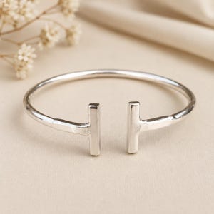 Sterling Silver T-Bar Cuff Bracelet, Minimalist Open Bangle, Handmade Adjustable Jewelry