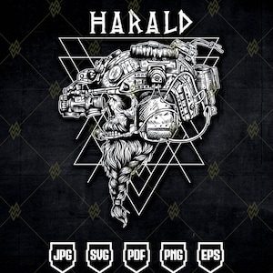 May include: Black and white illustration featuring a skull wearing a detailed helmet, with the name "HARALD" above. The skull has a long, braided beard. Geometric shapes surround the skull. File type icons are at the bottom.
