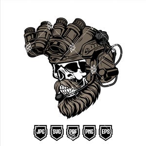 May include: A detailed illustration of a skull wearing a tactical helmet with night vision goggles. The skull has a long, stylized beard and a headset. The image is in shades of gray, black, and white, with file type icons at the bottom.