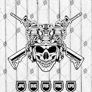 May include: Black and white graphic of a skull wearing night vision goggles and a helmet, with two rifles crossed behind it. Below are icons for JPG, SVG, PDF, PNG, and EPS file formats.