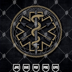 May include: A circular emblem design featuring a central staff with a serpent, surrounded by arrows and a geometric pattern. The design is in gold and gray tones, set against a dark background. Below are file type icons: JPG, SVG, PDF, PNG, and EPS.