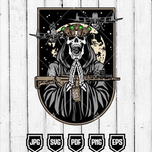 May include: Digital illustration of a grim reaper wearing night vision goggles, holding a rifle, and praying. The background features a moon and drones. The image includes file type icons: JPG, SVG, PDF, PNG, and EPS.
