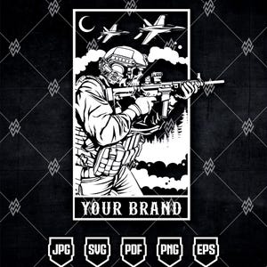 Op de afbeelding: Zwart-wit illustratie van een soldaat met een schedelgezicht die een geweer vasthoudt, met straaljagers en een maan op de achtergrond. De tekst "YOUR BRAND" staat onderaan, met bestandstype-pictogrammen eronder.