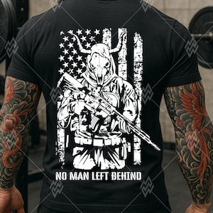May include: Black t-shirt with a distressed American flag design and a soldier figure holding a rifle. The figure wears a skull mask, and the text "NO MAN LEFT BEHIND" is printed below the image.