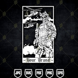Puede incluir: Ilustración en blanco y negro de un soldado con rostro de calavera, sosteniendo un rifle, con dos helicópteros en el fondo. La imagen incluye el texto "Your Brand" e iconos de tipo de archivo: JPG, SVG, PDF, PNG y EPS.