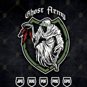 May include: A black and white illustration of a cloaked figure with night vision goggles, holding a red lightning bolt. The text "Ghost Army" is above the figure, within a green shield. File type icons are below.