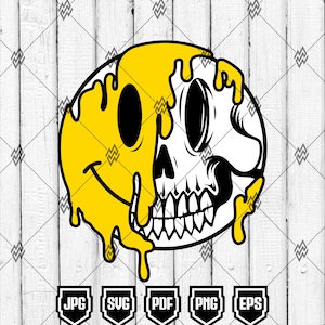 May include: A graphic design featuring a half smiley face and half skull in yellow and white. The yellow portion of the smiley face is dripping down. Below the image are file type icons for JPG, SVG, PDF, PNG, and EPS.