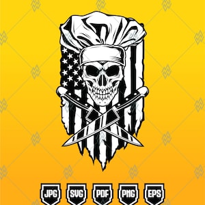 May include: Black and white graphic of a skull wearing a chef's hat, set against a stylized American flag. Two crossed knives are positioned below the skull. The background is yellow, with file type icons at the bottom.
