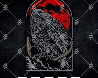 カラスの頭蓋骨ベクターSVG PNG | カラスの骸骨ブラッドムーンイラスト | カラスのTシャツ