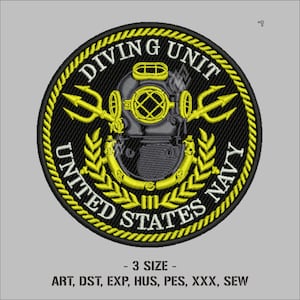 May include: Embroidered patch featuring the words "DIVING UNIT UNITED STATES NAVY" in white text on a black background. The design includes a diving helmet, tridents, and laurel leaves, all in yellow. The patch is circular with a yellow border.