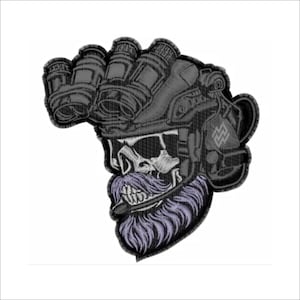 May include: A black and gray embroidered patch of a skull wearing a helmet with night vision goggles and a beard. The skull has a white outline and the beard is purple.