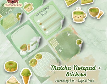 Matcha Grüner Tee Digitaler Notizblock & Aufkleber: Druckbares Journaling Set (PDF, PNG Dateien)