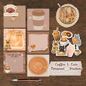 Pode incluir: Um conjunto digital com tema de café e gatos. Inclui blocos de notas e autocolantes com ilustrações de chávenas de café, gatos e artigos relacionados com café. O texto do bloco de notas inclui "Take a Break" e "Take life one sip at a time".