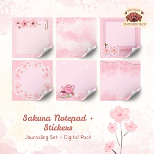 Puede incluir: Un paquete digital con seis blocs de notas y pegatinas rosas con temática Sakura. Los blocs de notas tienen varios diseños, incluyendo detalles florales, una tetera y un marco de fotos. El texto "Sakura Notepad + Stickers" y "Journaling Set - Digital Pack" se muestra.