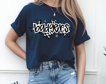 Badgers Shirt with Checkered Stars | Gildan 5000 Crew Neck Tee | School Mascot Spirit Shirt | Game Day T-Shirt | Retro Team Pride Tee