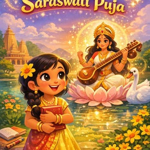 Könnte beinhalten: Farbenfrohe Illustration von "Little Maya und der Tag von Saraswati Puja". Ein junges Mädchen hält ein Buch, während eine Frau ein Saiteninstrument auf einer Lotusblume spielt. Im Hintergrund ein Tempel und ein Gewässer.