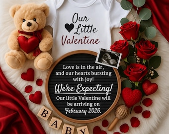 Vorlage für eine Schwangerschaftsankündigung zum Valentinstag: Geschlechtsneutrale Canva-Bearbeitung (Digitaler Download)