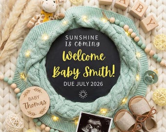 Simple Boho Sunshine Pregnancy Announcement Digital Template, Editable Summer Baby Announcement, Gender Neutral Sun Baby Reveal Canva