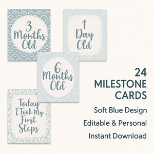 Ensemble numérique bleu élégant de cartes jalons bébé | Accessoires photo imprimables pour jalons mensuels | Téléchargement de cartes mémoire pour bébé la première année
