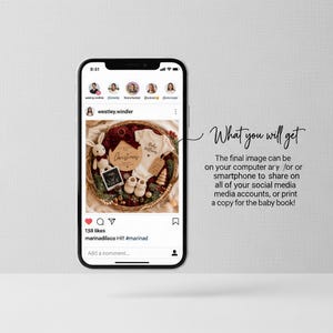 May include: A smartphone screen displays a festive baby announcement. The announcement includes a onesie, baby shoes, and a wooden sign that says "Christmas." The text on the screen says "What you will get."