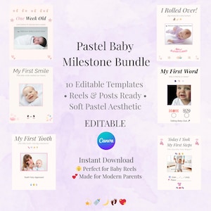 Lot de cartes d'étapes pastel bébé | Modèles Instagram Canva modifiables pour bobines et publications | Téléchargement de cartes mémoire numériques pour bébés