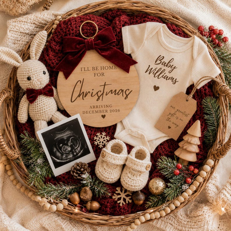 May include: A festive baby announcement in a woven basket. Includes a wooden ornament with "I'll be home for Christmas" text, a baby onesie, ultrasound photo, crocheted booties, and a plush bunny. The theme is a Christmas baby arrival.