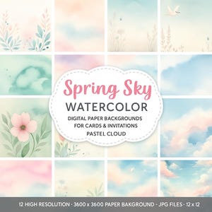 Fundos de papel digital aquarela com céu de primavera para cartões e convites, conjunto de nuvens em JPG pastel, 12 arquivos de alta resolução para impressão